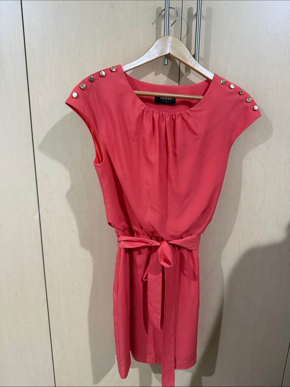 Guess Coral-Pink Cap Sleeve Belted Dress with Stud Accents